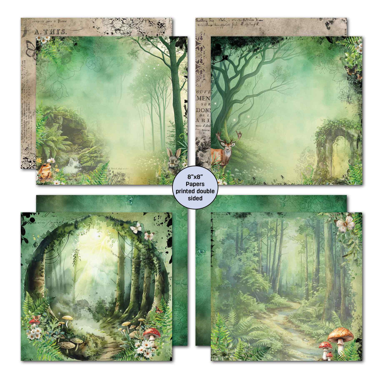 Woodland Hollow 8x8 papers with woodland paths, a stream, leafy archways, forest animals and patterned reverses.