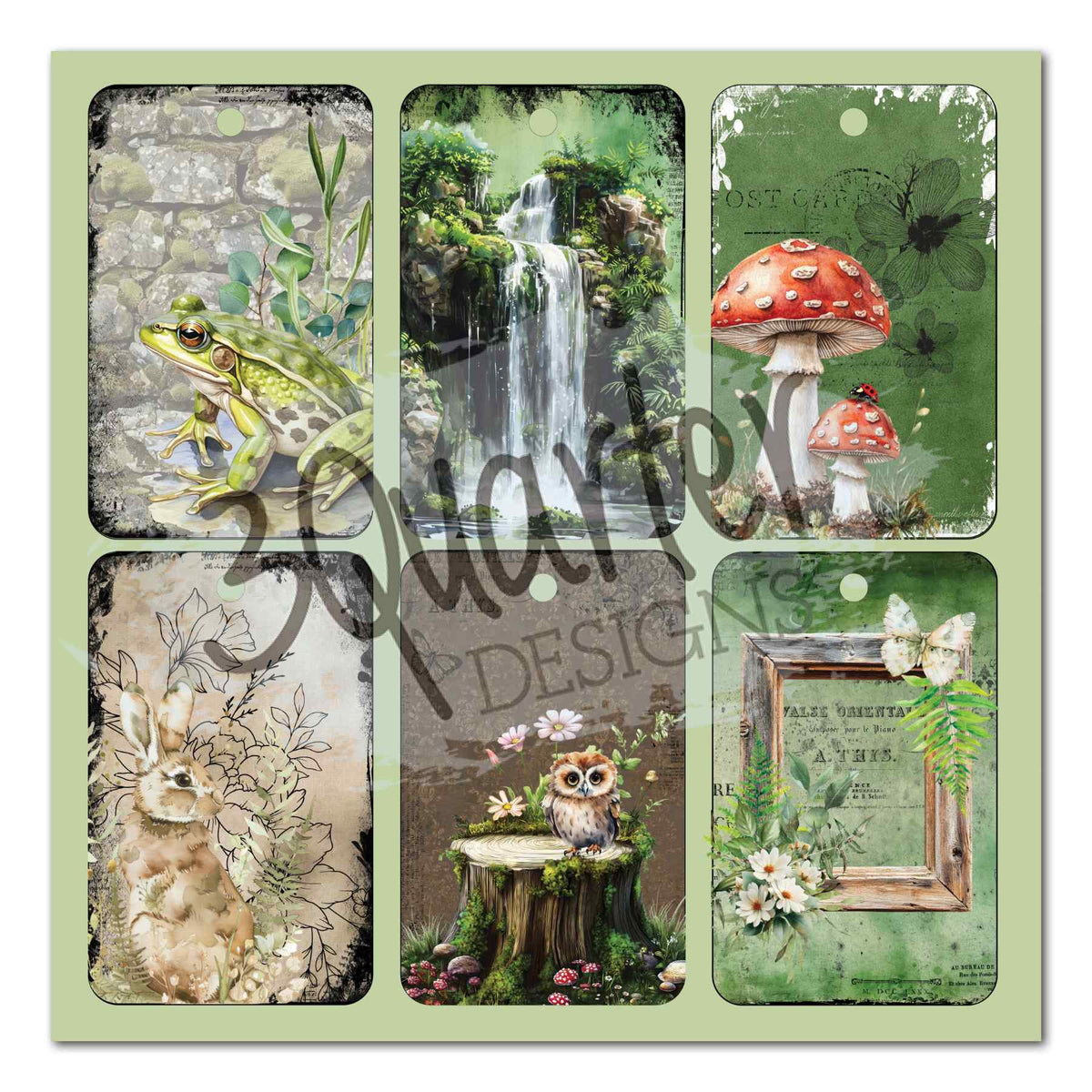 Six Woodland Hollow tags featuring a frog, waterfall, mushrooms, rabbit, owl and floral wooden frame.