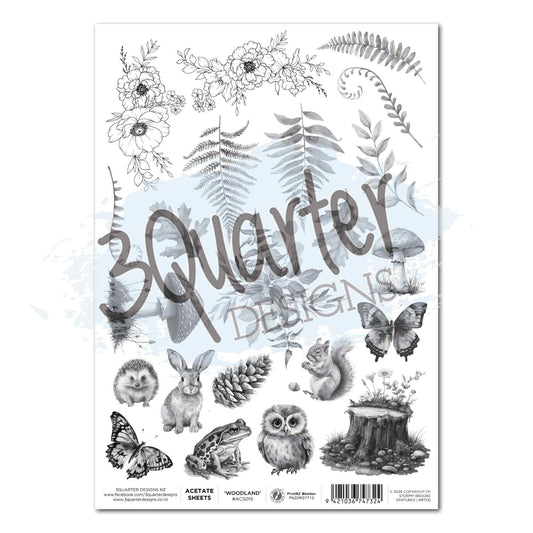 3Quarter Designs Woodland Hollow A4 acetate sheet with monochrome woodland animals, butterflies, mushrooms, flowers, ferns, leaves and a tree stump.