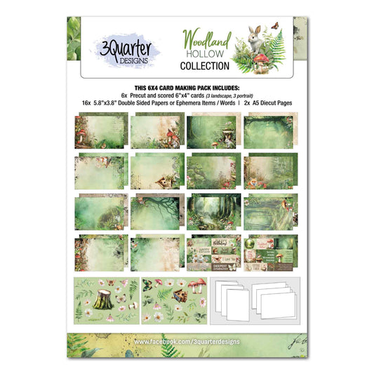 3Quarter Designs Woodland Hollow 6x4 Card Making Kit with card bases, double-sided papers, sentiments and die-cut sheets.