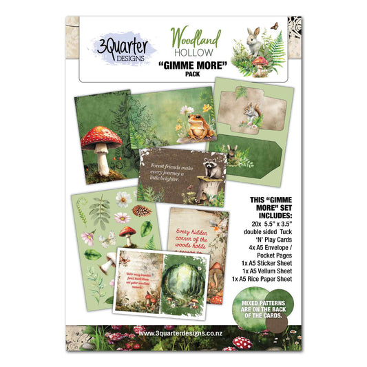 3Quarter Designs Woodland Hollow Gimme More pack with woodland-themed cards, envelope and pocket pages, stickers, vellum and rice paper.