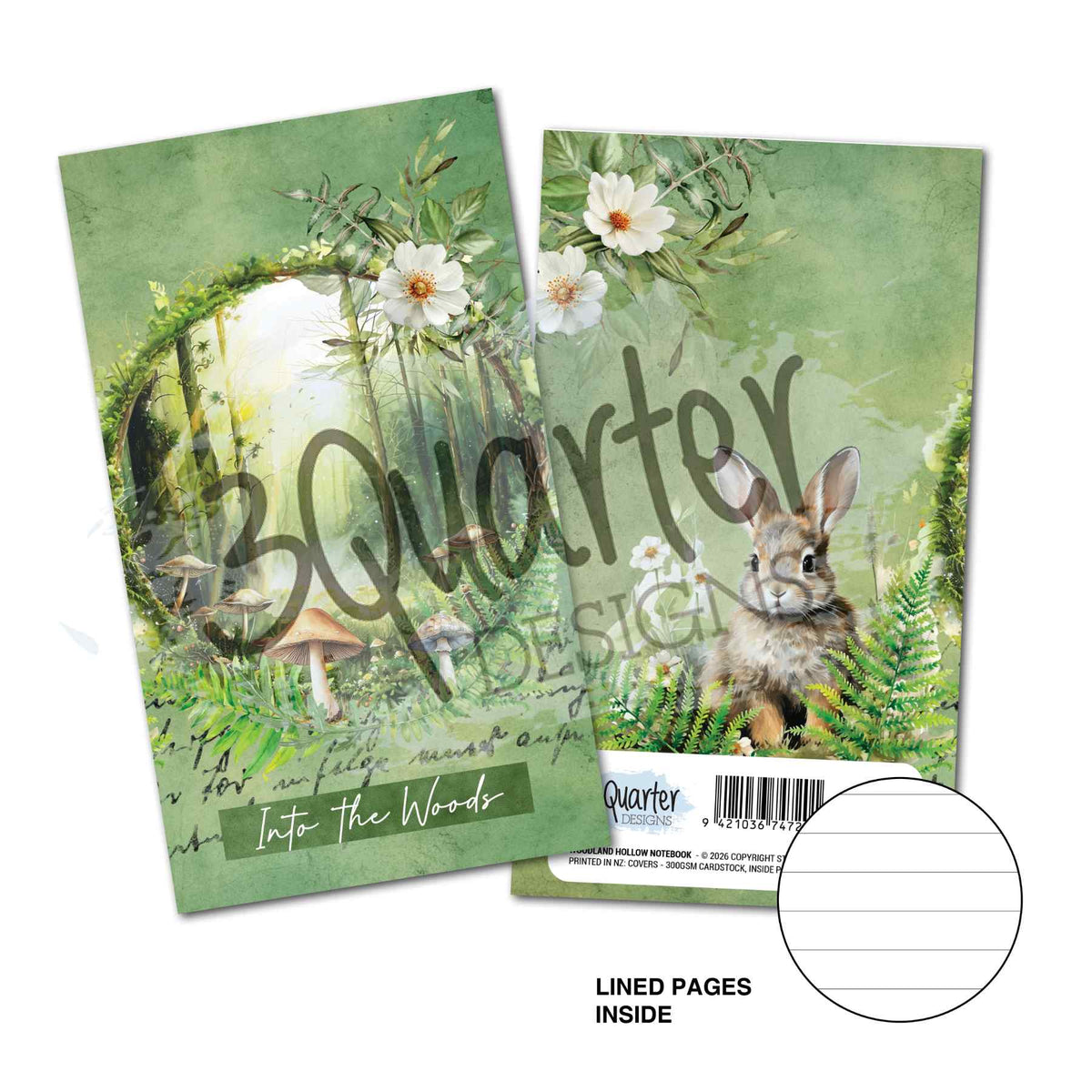 3Quarter Designs Woodland Hollow mini notebook showing green woodland covers with a rabbit, mushrooms, white flowers and an “Into the Woods” design, with lined pages inside.