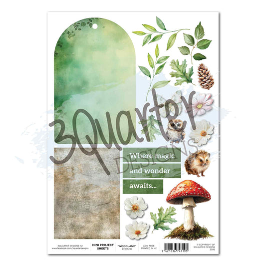 3Quarter Designs Woodland Hollow Mini Project Sheet with a green arch-shaped tag, neutral panel, owl, hedgehog, red mushroom, flowers, foliage and sentiment strips.