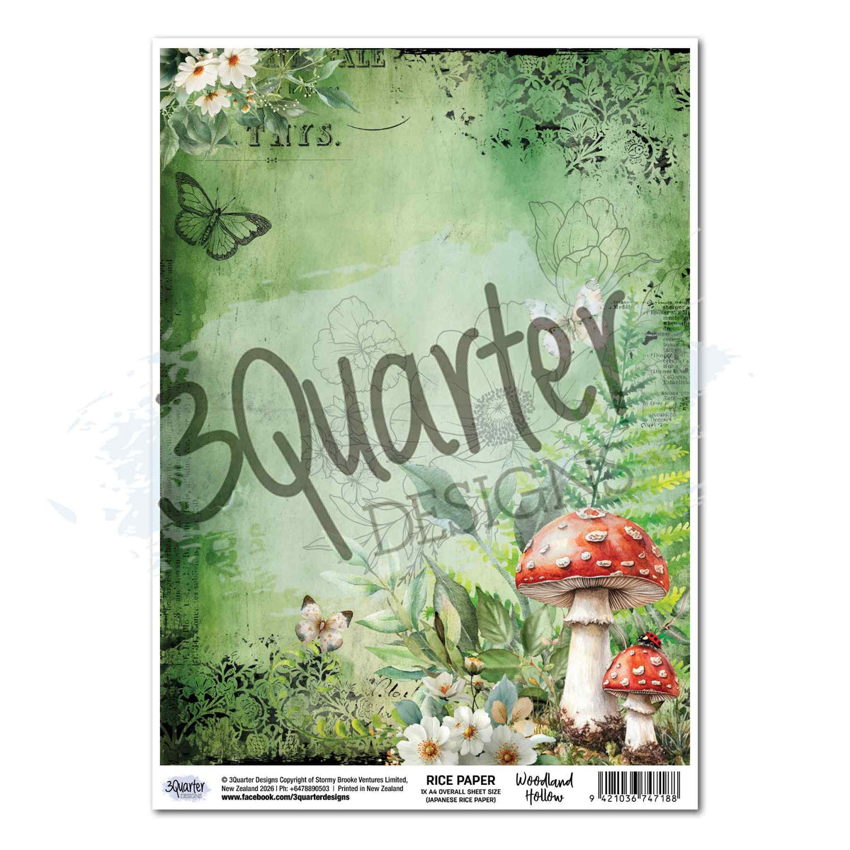 3Quarter Designs Woodland Hollow A4 rice paper with two red mushrooms, white flowers, butterflies and layered botanical patterns on a soft green background.