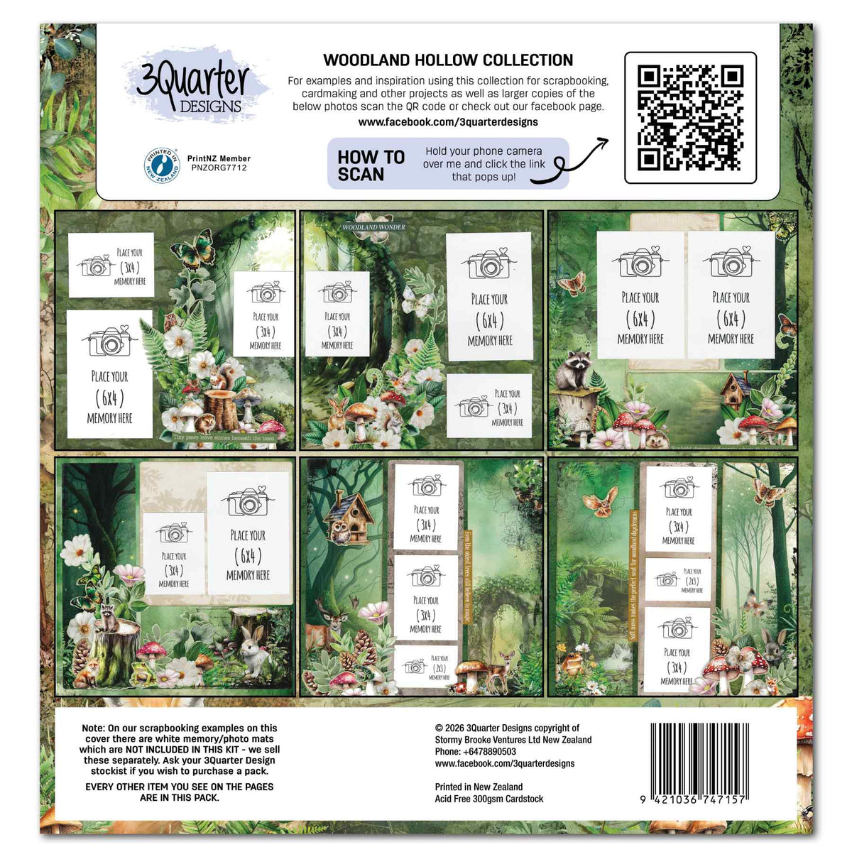 Woodland Hollow scrapbook kit back cover showing six layout ideas with woodland animals, flowers and photo placeholders.