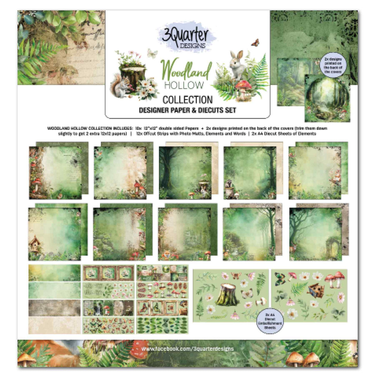3Quarter Designs Woodland Hollow 12x12 Scrapbook Collection Kit with papers, decorative strips and die-cut sheets.
