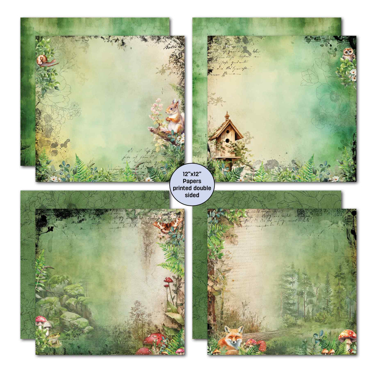 Woodland Hollow 12x12 papers with a squirrel, owl, fox, birdhouse, mushrooms and leafy borders.