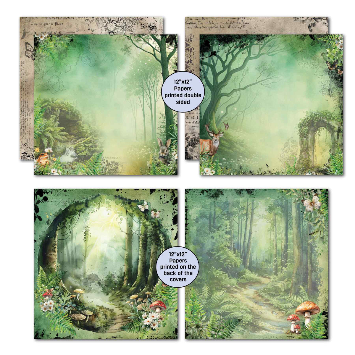 Woodland Hollow papers with forest scenes and two bonus cover designs featuring a leafy archway and woodland path.