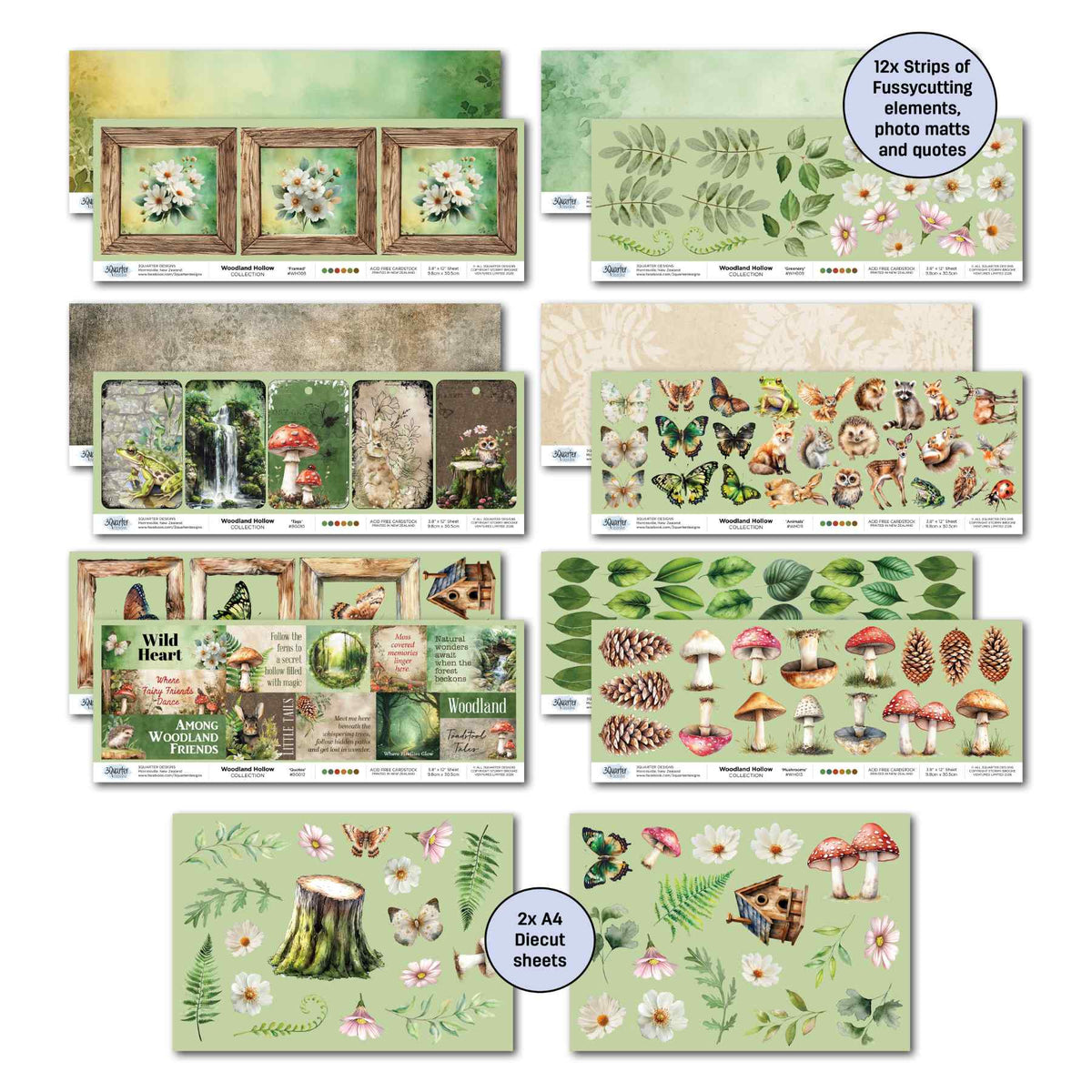 Woodland Hollow decorative strips with frames, tags, animals and words, plus two A4 botanical die-cut sheets.