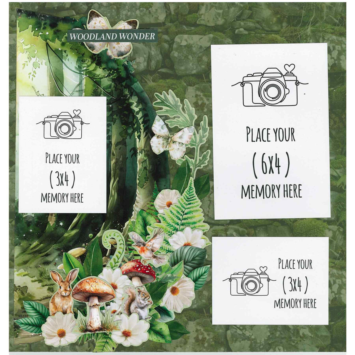 Woodland Hollow sample layout with three photo placeholders, butterflies, a rabbit, squirrel, flowers and mushrooms.