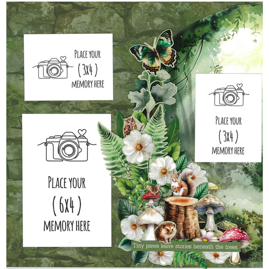 Woodland Hollow sample layout with three photo placeholders, a green butterfly, squirrel, hedgehog and floral cluster.