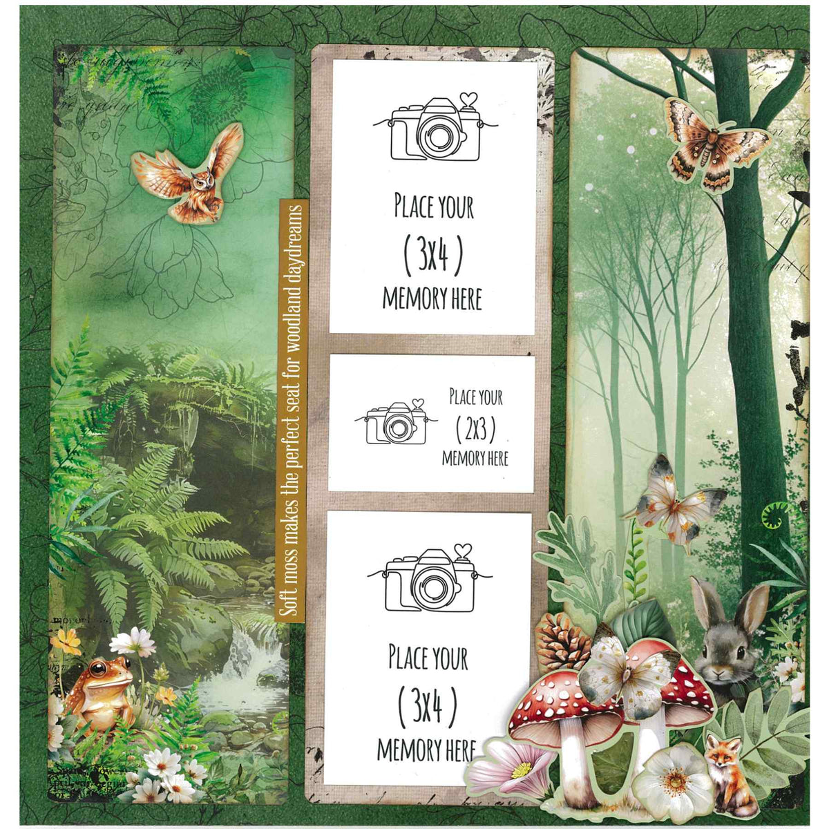 Woodland Hollow sample layout with three central photo placeholders, a frog, rabbit, fox, butterflies and red mushrooms.