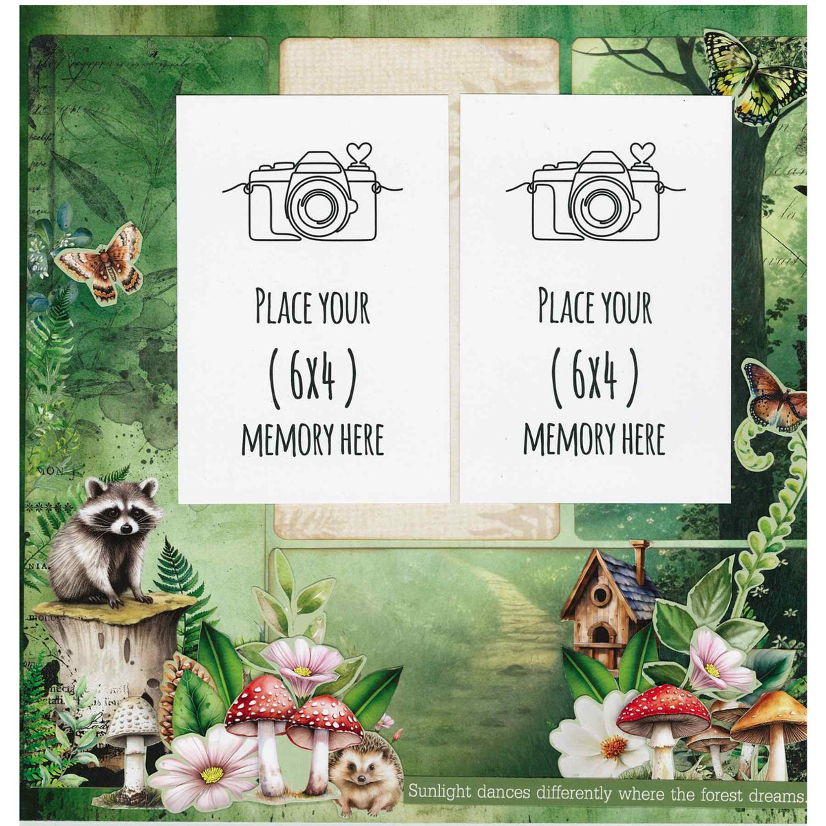 Woodland Hollow sample layout with two 6x4 photo placeholders, a raccoon, hedgehog, birdhouse, butterflies and flowers.