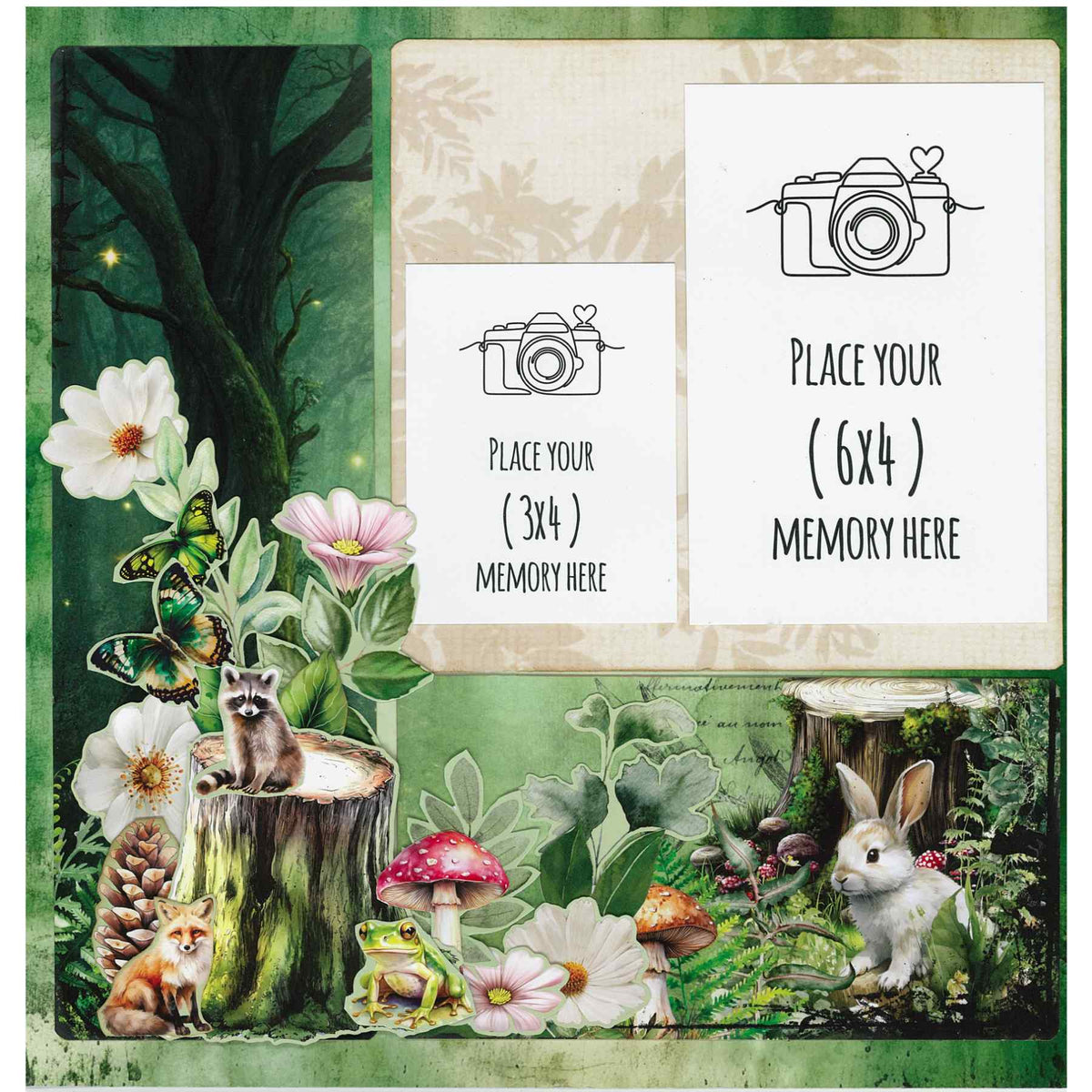 Woodland Hollow sample layout with two photo placeholders, a rabbit, raccoon, fox, frog, flowers and mushrooms.