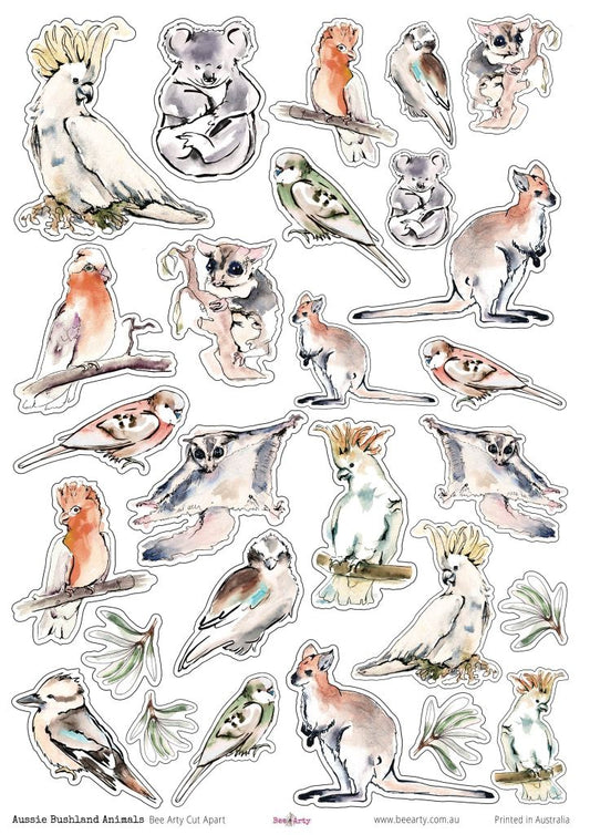 Aussie Bushland Animals A4 cut-apart sheet featuring watercolour illustrations of koalas, kangaroos, sugar gliders, possums, cockatoos, galahs, kookaburras and budgerigars on white background