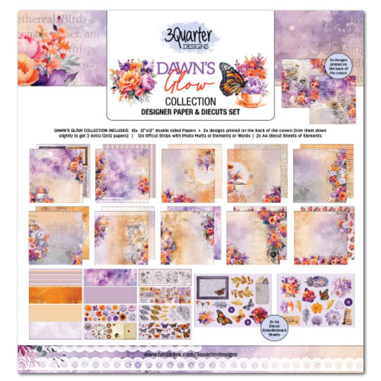 Dawn's Glow scrapbook kit packaging showing the patterned papers and decorative element sheets