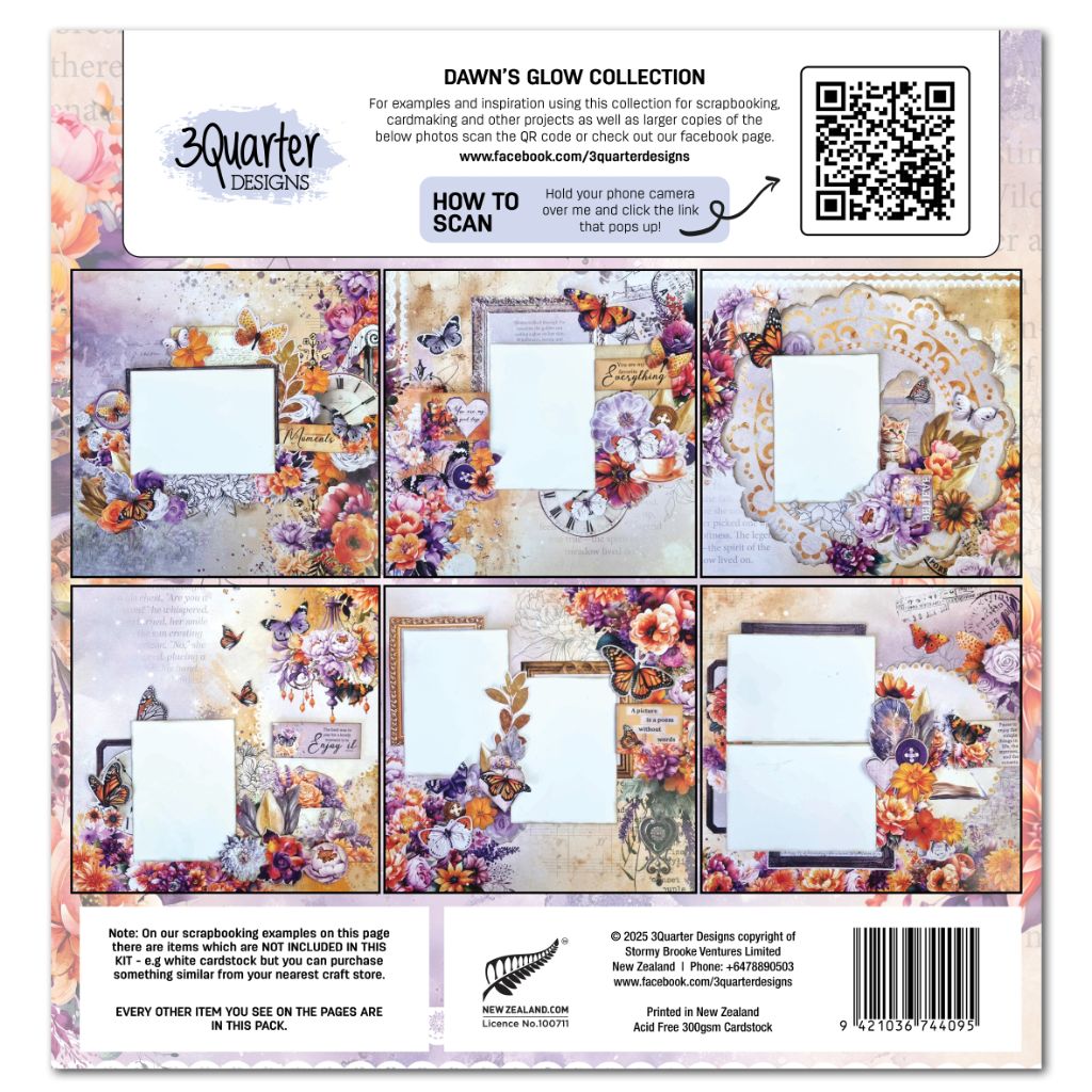 Dawn's Glow scrapbook kit packaging with six sample scrapbook layouts and collection details