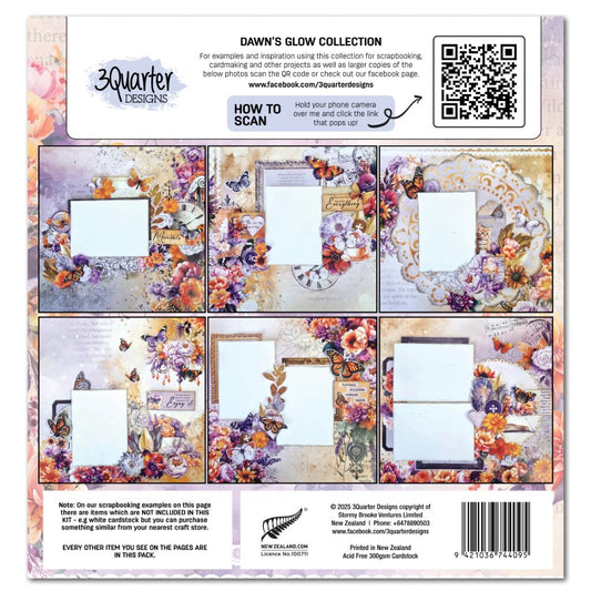 Dawn's Glow scrapbook kit packaging with six sample scrapbook layouts and collection details