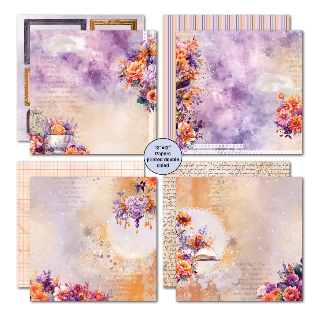 Dawn's Glow double-sided scrapbook papers with purple watercolour backgrounds and floral designs