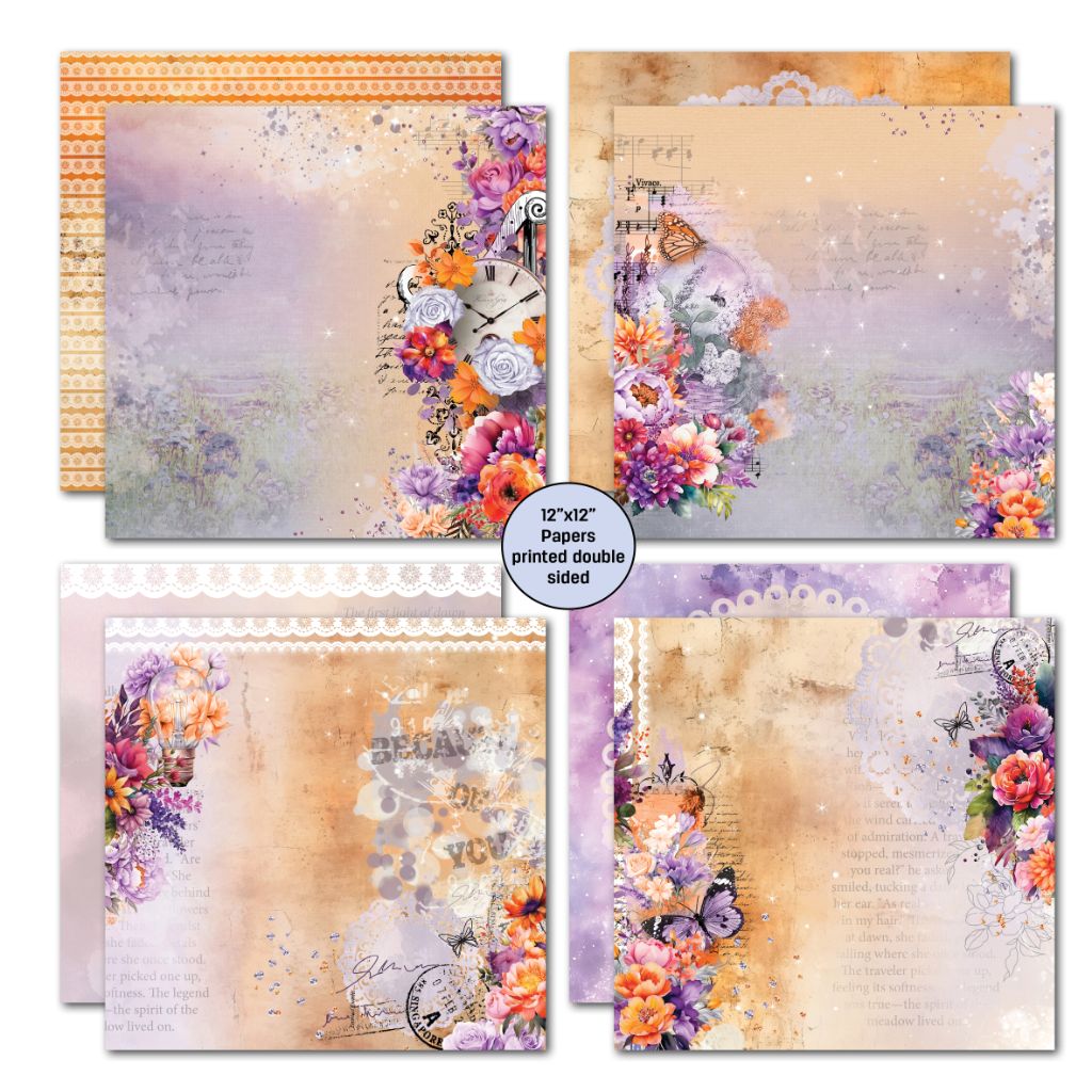 Dawn's Glow scrapbook papers with orange and purple flowers, butterflies and clock designs