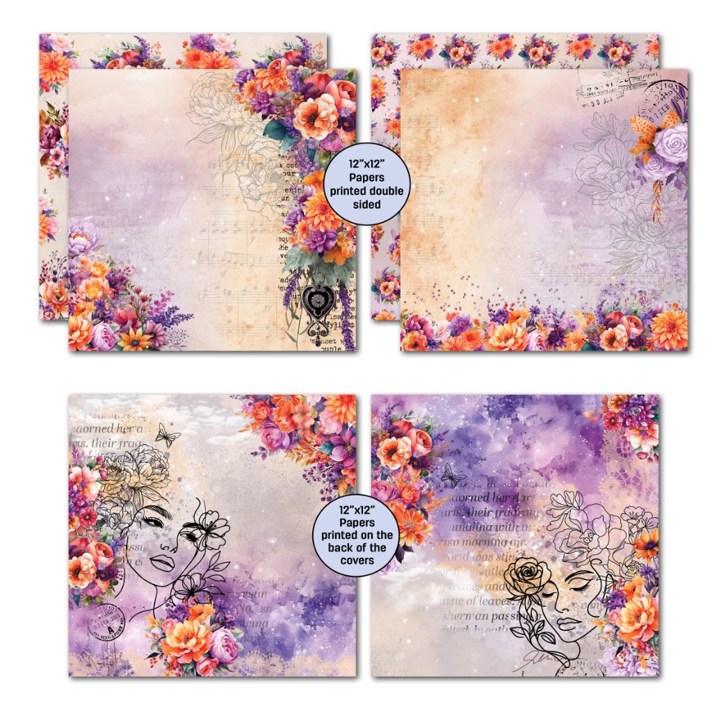 Dawn's Glow double-sided papers with floral borders and illustrated women's faces