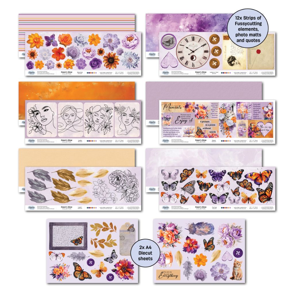 Dawn's Glow kit contents showing fussy-cut elements, photo mats, quotes and two A4 die-cut sheets