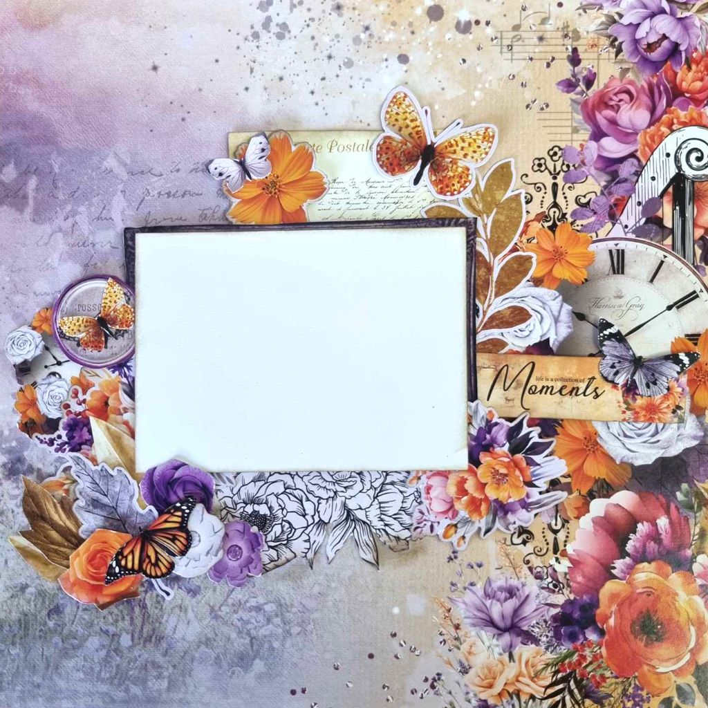 Dawn's Glow scrapbook layout with a central photo space, clock, orange and purple flowers, and butterflies