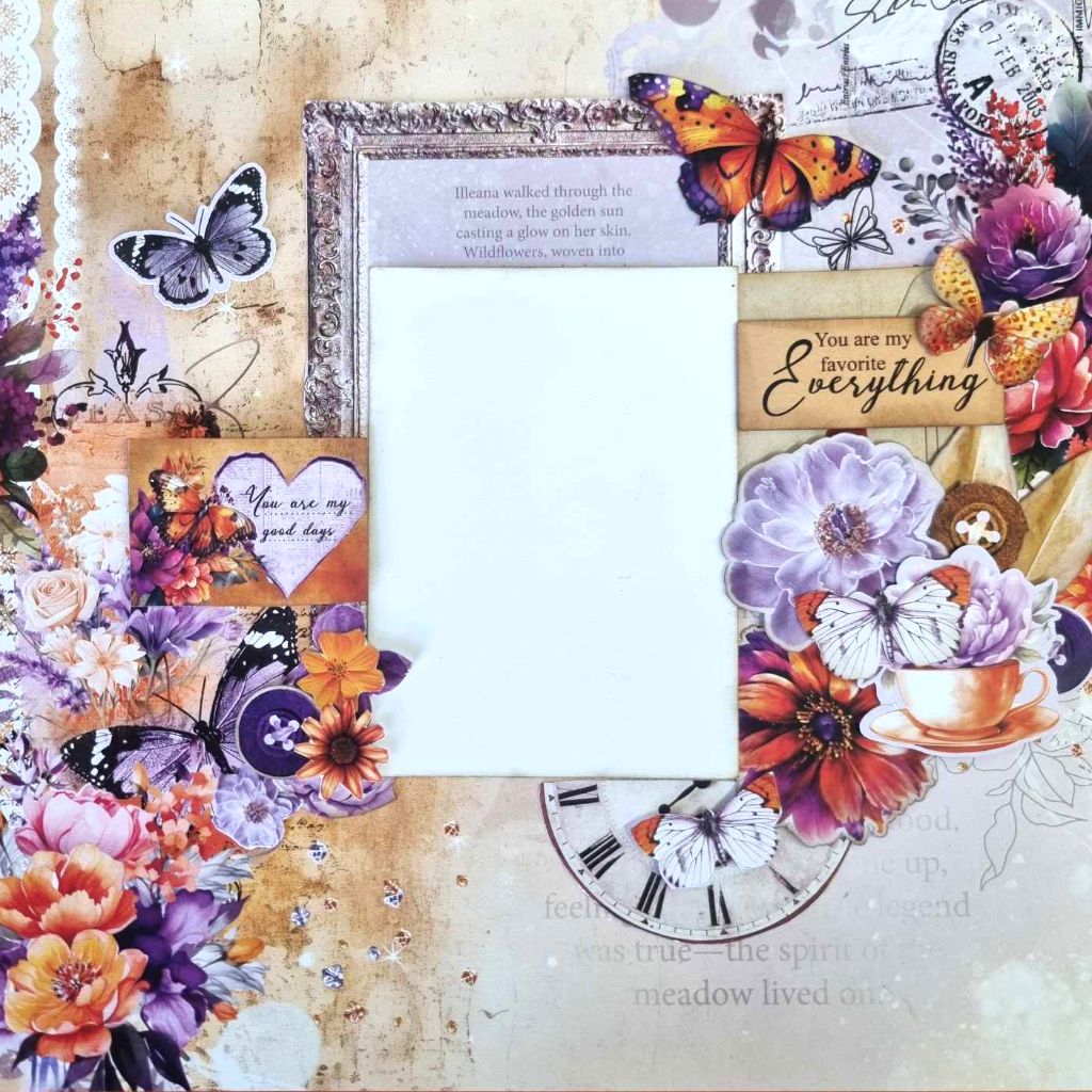 Dawn's Glow scrapbook layout with a central photo space, ornate frame, butterflies, flowers and teacup