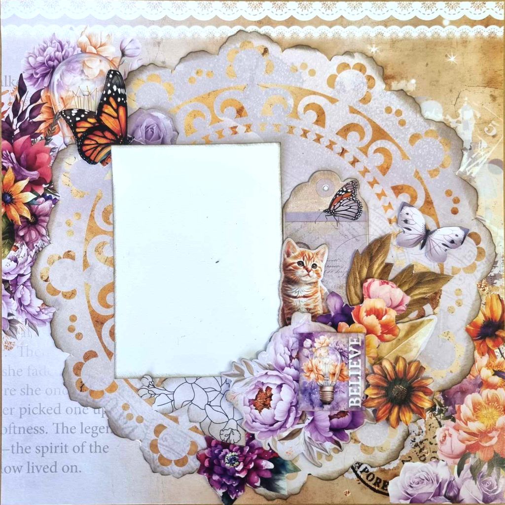 Dawn's Glow scrapbook layout with a scalloped frame, photo space, kitten, butterflies and purple flowers