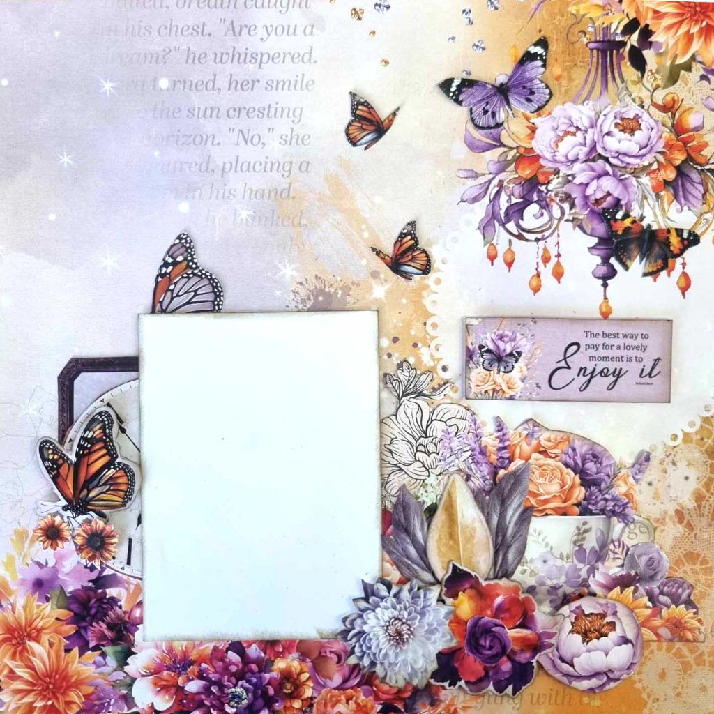 Dawn's Glow scrapbook layout with a photo space, butterflies, floral teacup and Enjoy it quote