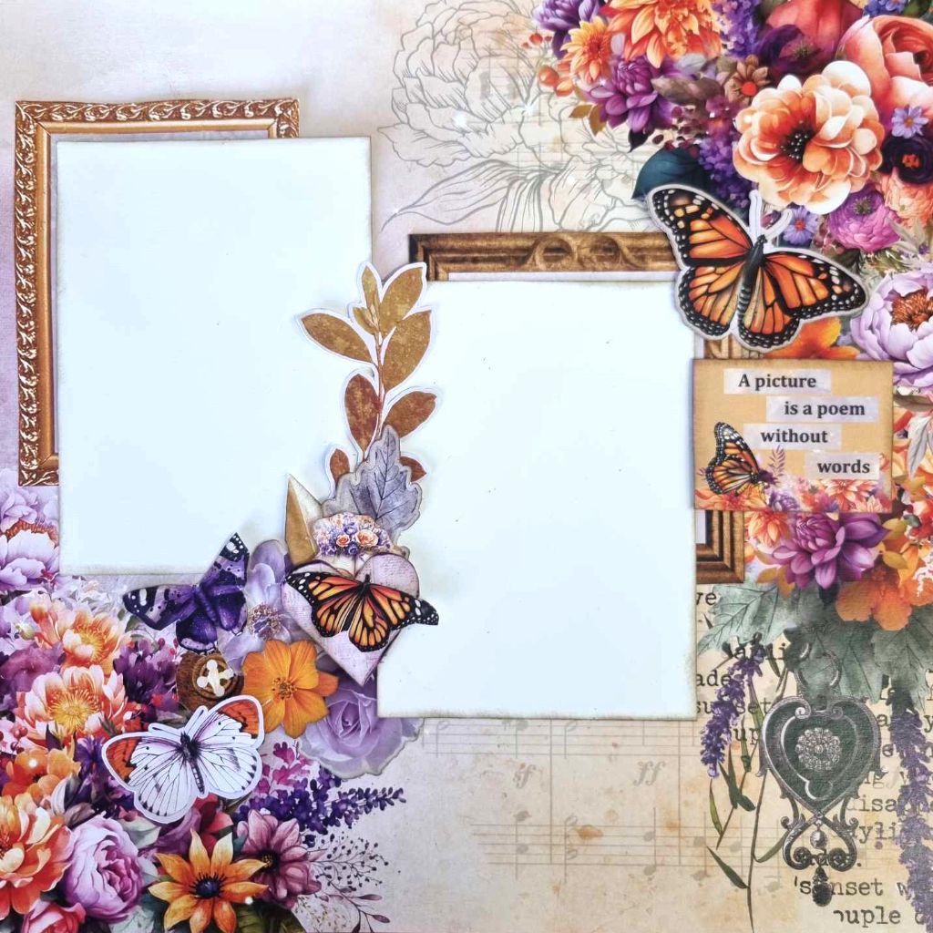 Dawn's Glow scrapbook layout with two photo spaces, ornate frames, butterflies and orange and purple flowers