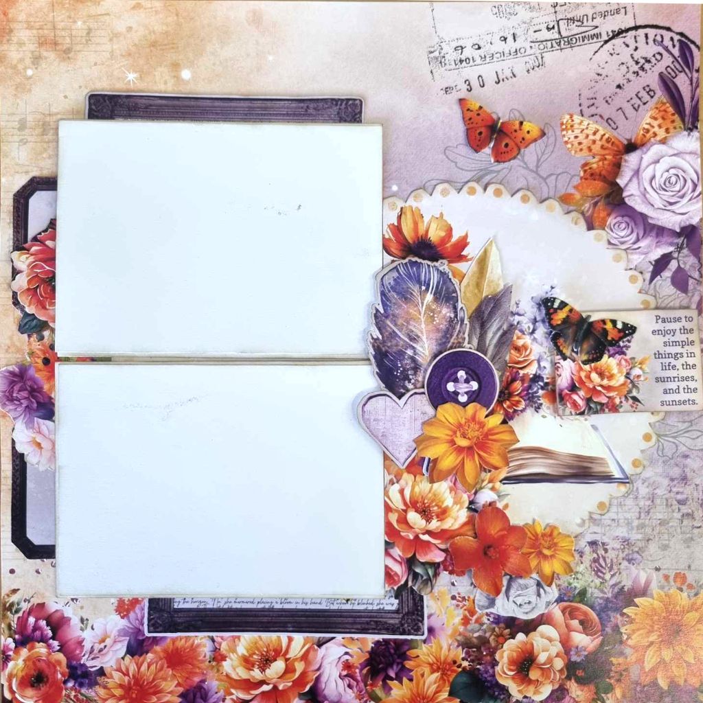 Dawn's Glow scrapbook layout with two photo spaces, orange and purple flowers, butterflies and an open book