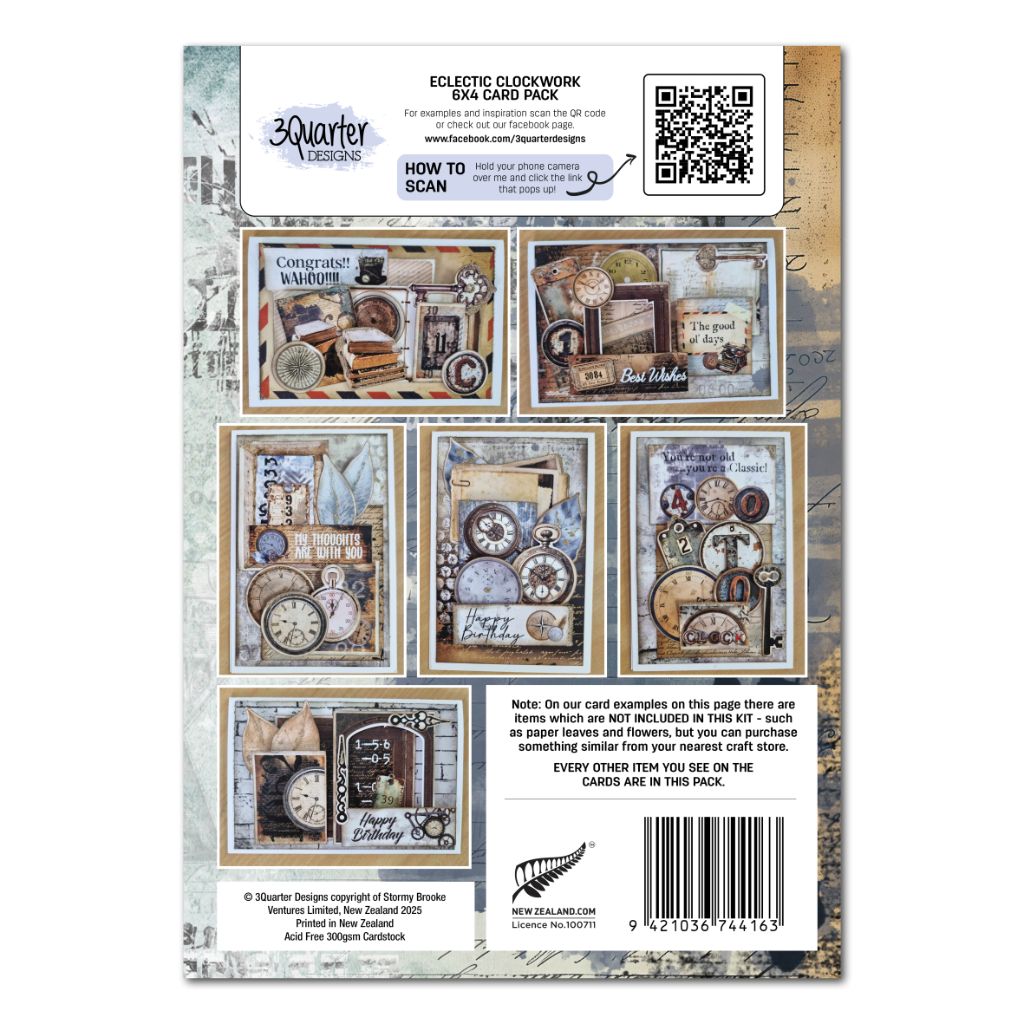 Back of Eclectic Clockwork card making kit showing six vintage clockwork sample cards and pack details