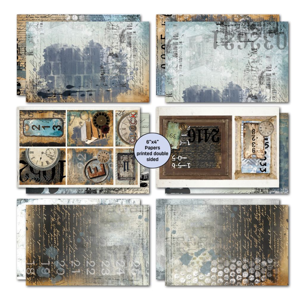 Eclectic Clockwork double-sided card papers with blue-grey distressed textures, clock and number panels
