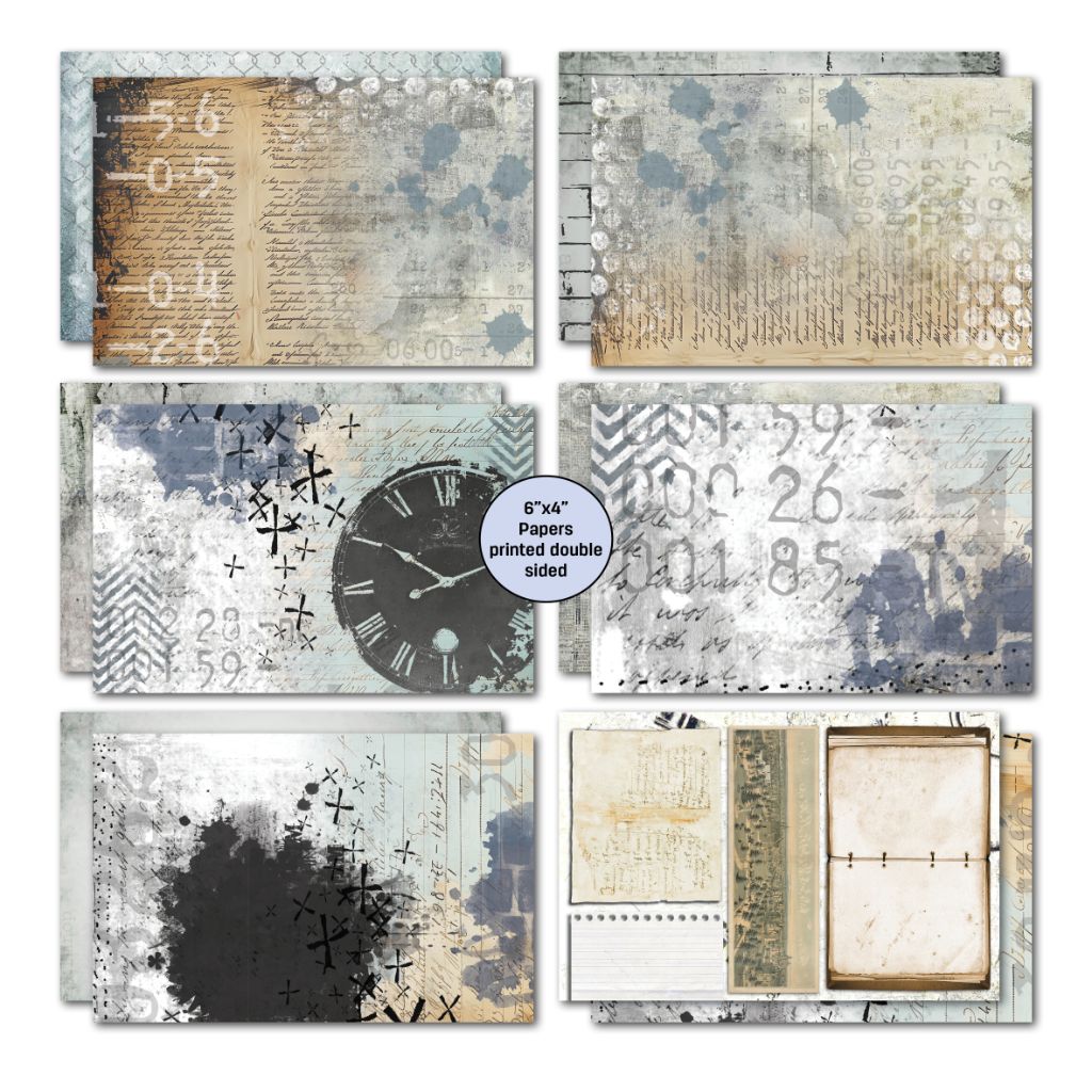 Eclectic Clockwork double-sided papers with script, numbers, black clock face and vintage journal panels