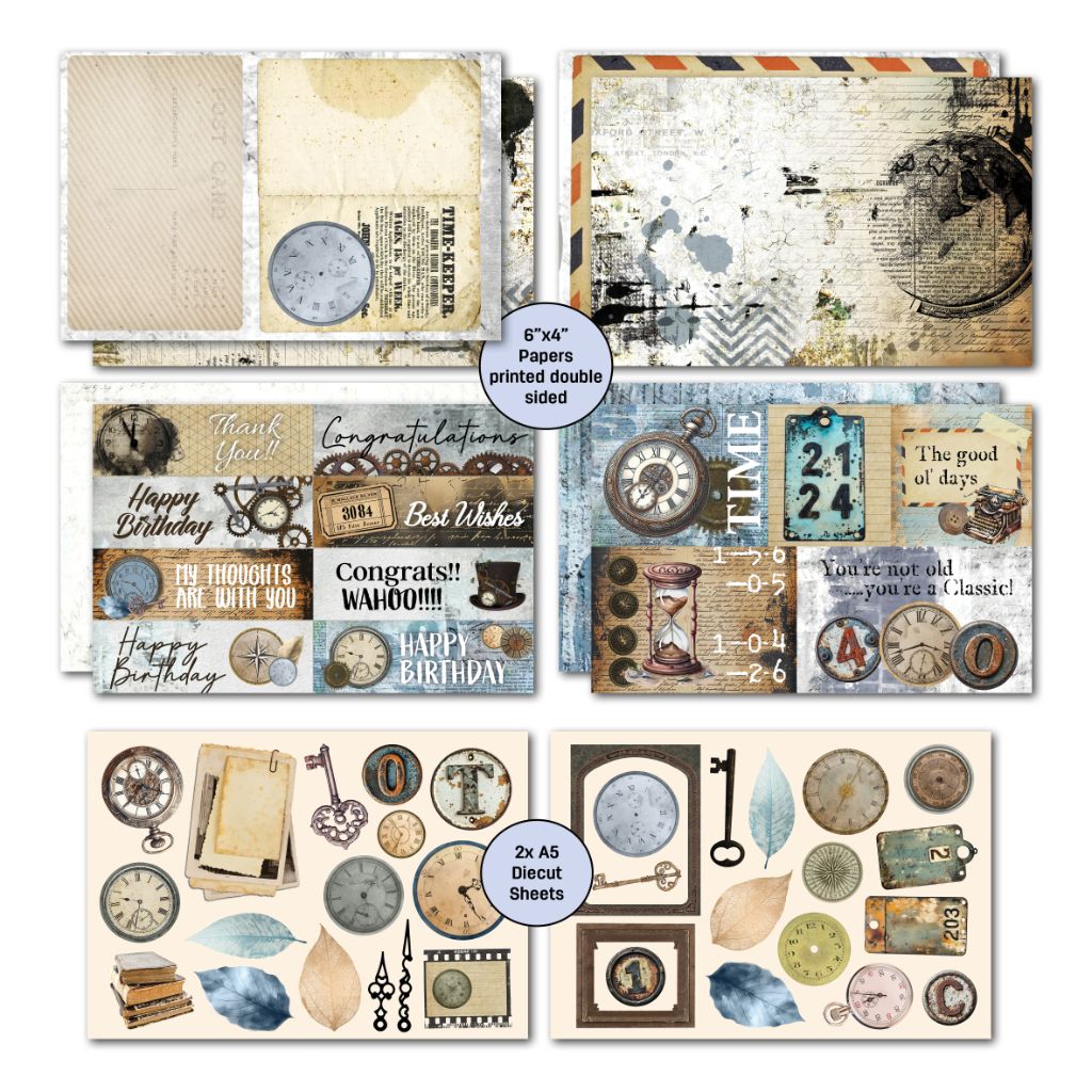 Eclectic Clockwork card papers with vintage ephemera, sentiment strips, clocks, keys and two A5 die-cut sheets