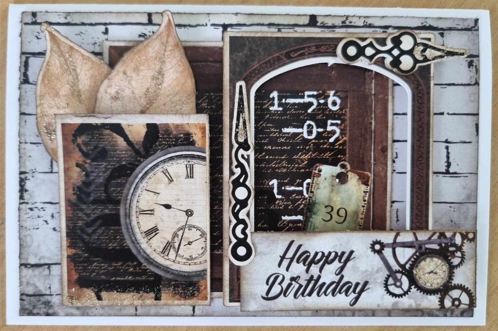 Eclectic Clockwork Happy Birthday card with clock face, number tag, key and layered script papers