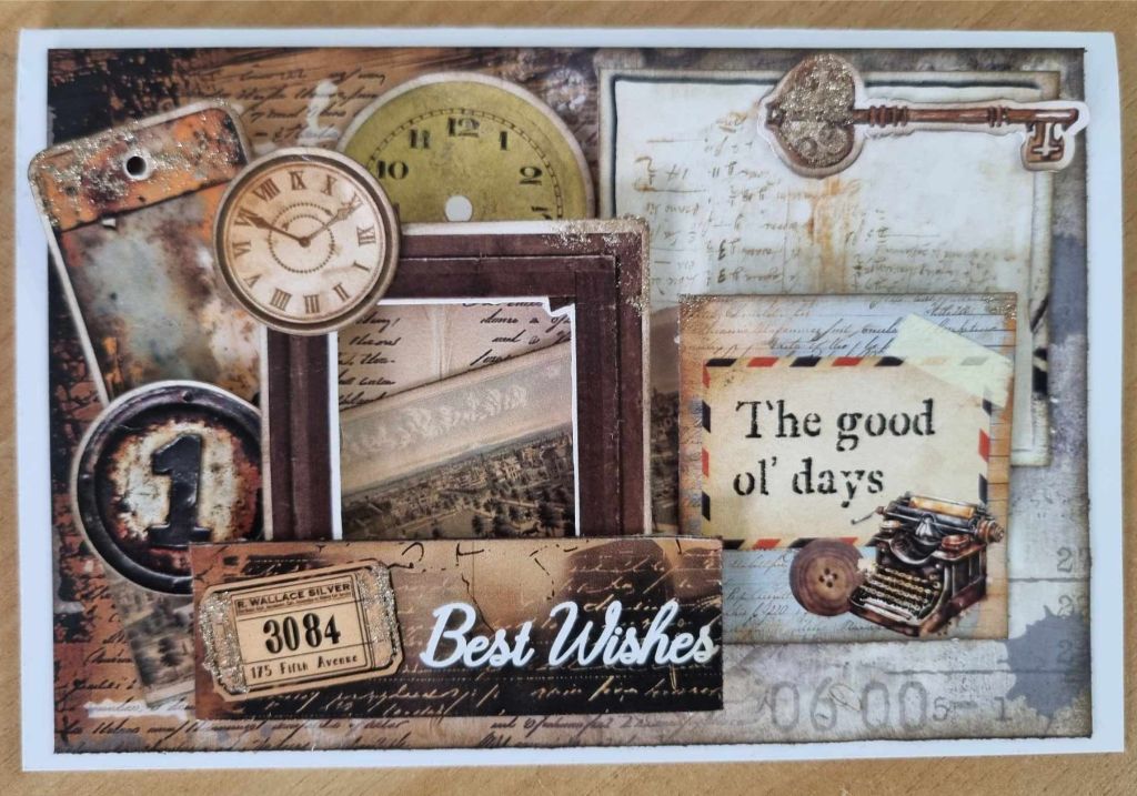 Eclectic Clockwork Best Wishes card with antique clocks, key, ticket, typewriter and vintage papers