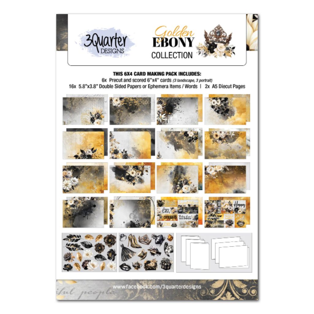 Front of Golden Ebony 6x4 card making kit showing black and gold floral papers, die-cut sheets and six card bases