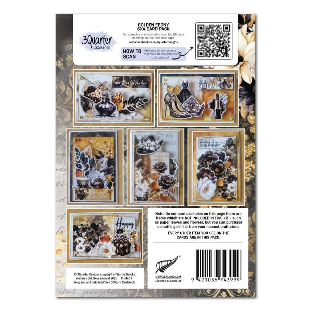 Back of Golden Ebony card making kit showing six elegant sample cards and pack details