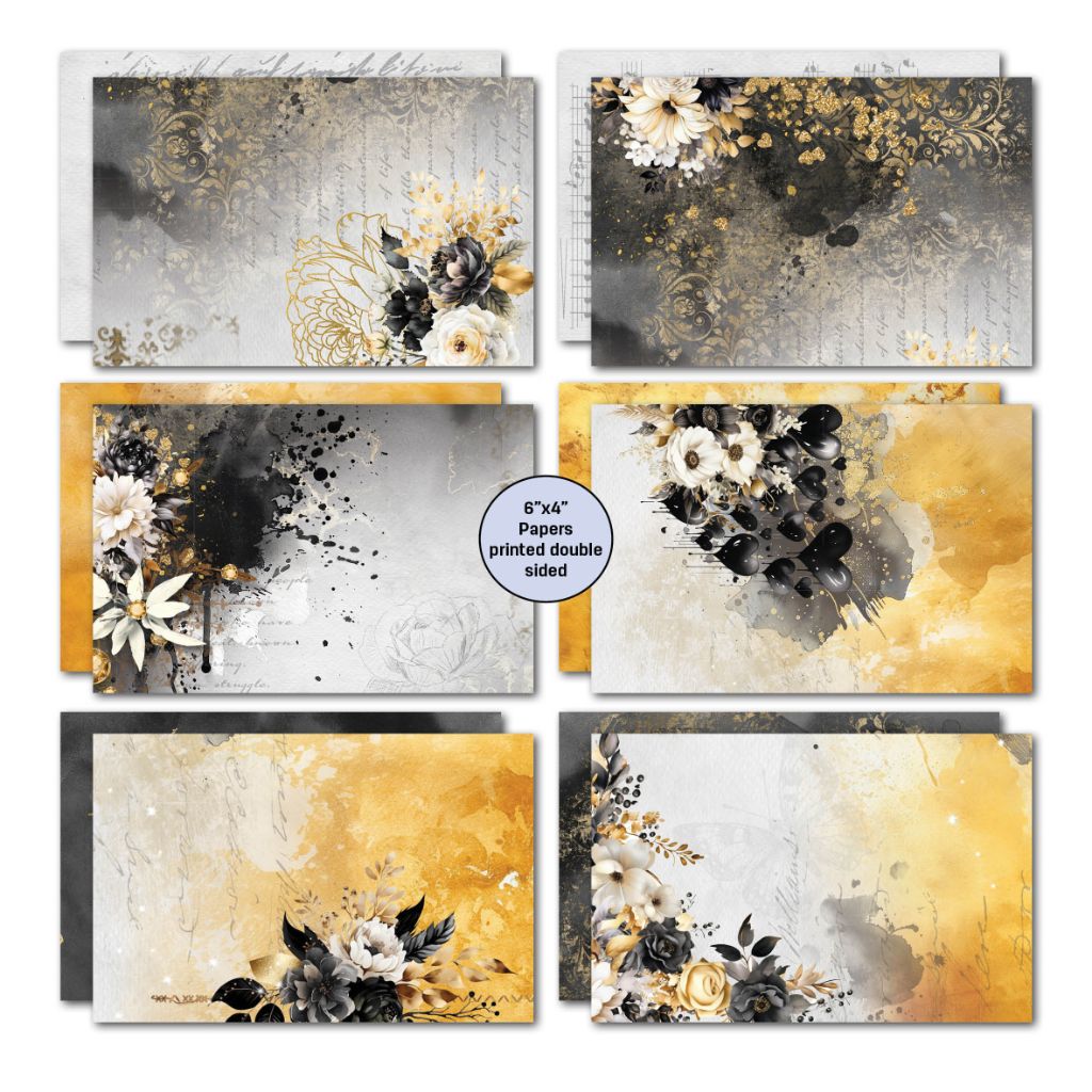 Golden Ebony double-sided card papers with grey and gold backgrounds, white flowers and dark floral clusters