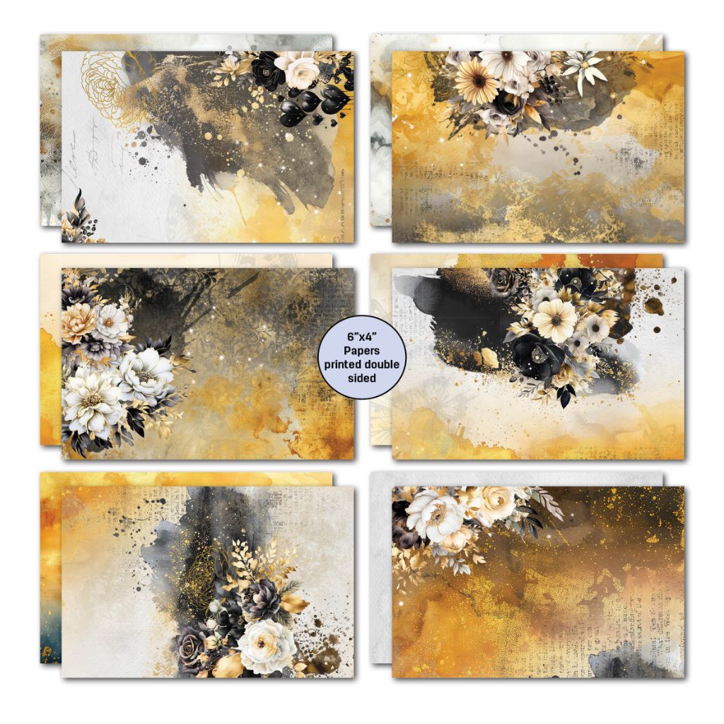 Golden Ebony double-sided papers with ivory and black flowers over warm gold and grey textured backgrounds