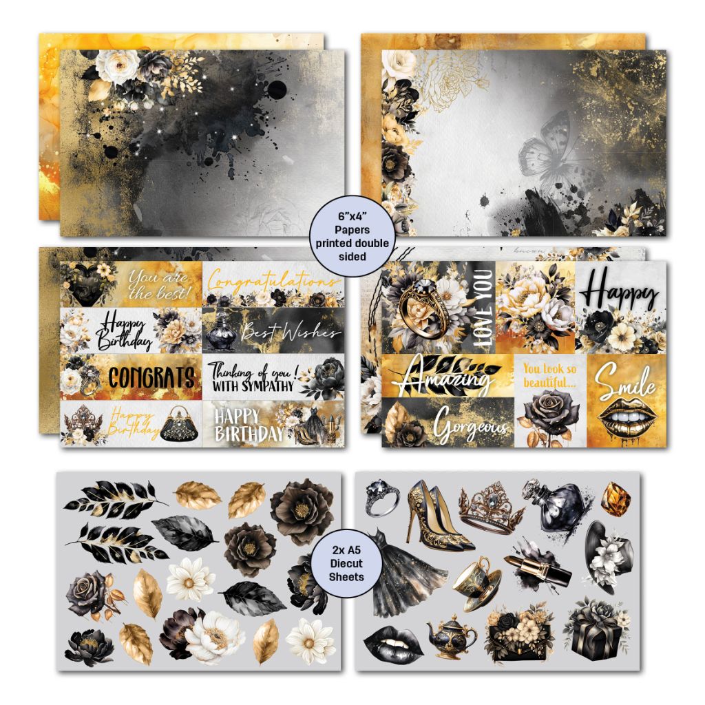 Golden Ebony papers with black and gold florals, sentiment strips and two A5 floral and fashion die-cut sheets