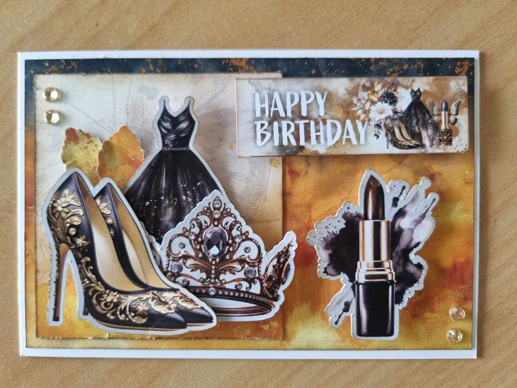 Golden Ebony Happy Birthday sample card with ornate high heels, black dress, crown and lipstick