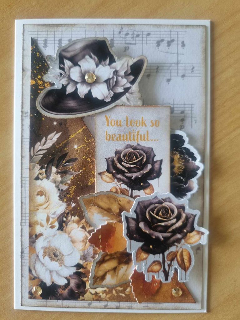 Golden Ebony You look so beautiful sample card with floral hat, black roses and gold leaves