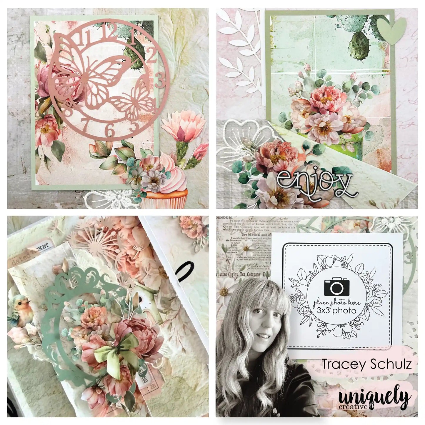Uniquely Creative Tea Tranquility project grid by Tracey Schulz — accordion album, floral cards, and mini album papercrafting samples
