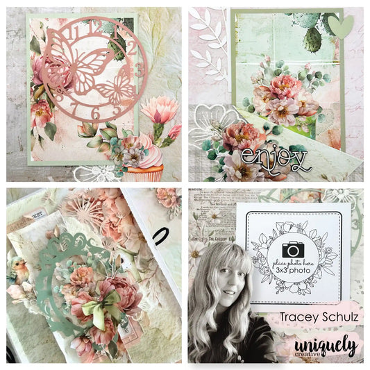 Uniquely Creative Tea Tranquility project grid by Tracey Schulz — accordion album, floral cards, and mini album papercrafting samples