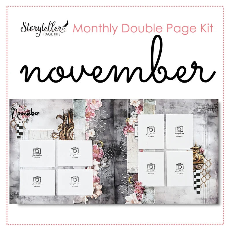 Uniquely Creative November 2024 Storyteller Double Page Kit showing completed scrapbook layout with Vintage Walls papers, blush florals, distressed textures and space for eight 3x4 photos