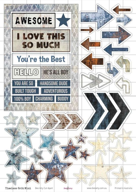 Timeless Grit A4 cut apart sheet featuring masculine sentiments, distressed arrows in blue and brown tones, and layered star embellishments. Designed by Bee Arty for scrapbooking, card making and junk journalling. 