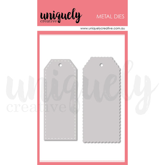 Uniquely Creative Paper Tag Die set showing stitched tag and scalloped tag metal dies 